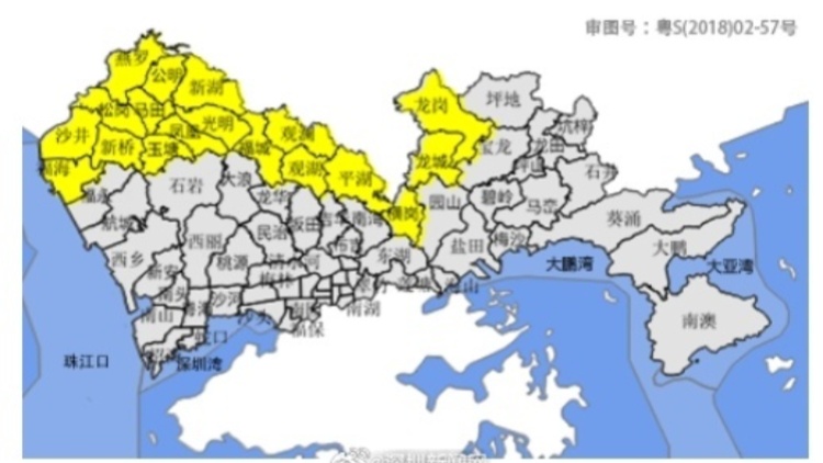 深圳市分區(qū)暴雨黃色預(yù)警信號(hào)